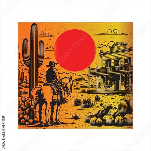 Title: Western Valley Landscape with Horse Rider and Cactus