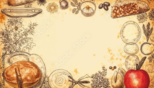 Vintage Food and Botanical Illustration Frame with Extensive Copy Space