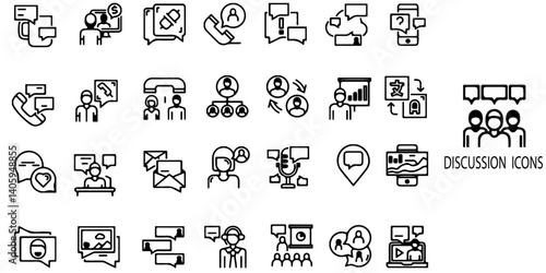 Discussion simple concept 28 icons set. Contain such seminar, business meeting, presentation, interview, conference, assembly, agreement and more .Vector illustration.