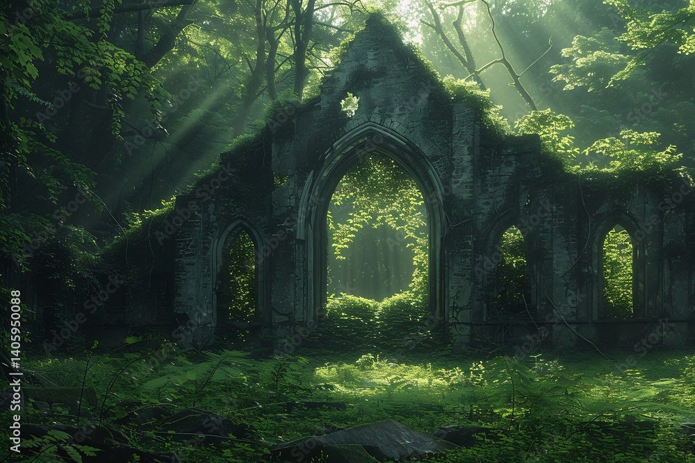 Overgrown forest ruins ivy clad ancient stone merging with nature as dappled sunlight filters through tall trees to evoke historical mystery Overgrown forest ruins ivy clad ancient stone merging with nature as dappled sunlight filters through tall trees to evoke historical mystery