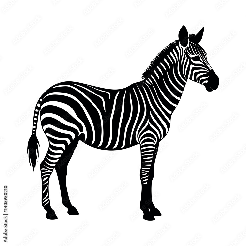 A vector illustration shows a striped zebra, an isolated wild mammal with black and white stripes