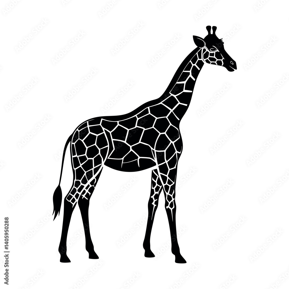 Fototapeta premium Tall, spotted giraffe silhouette, a wild mammal isolated on white
