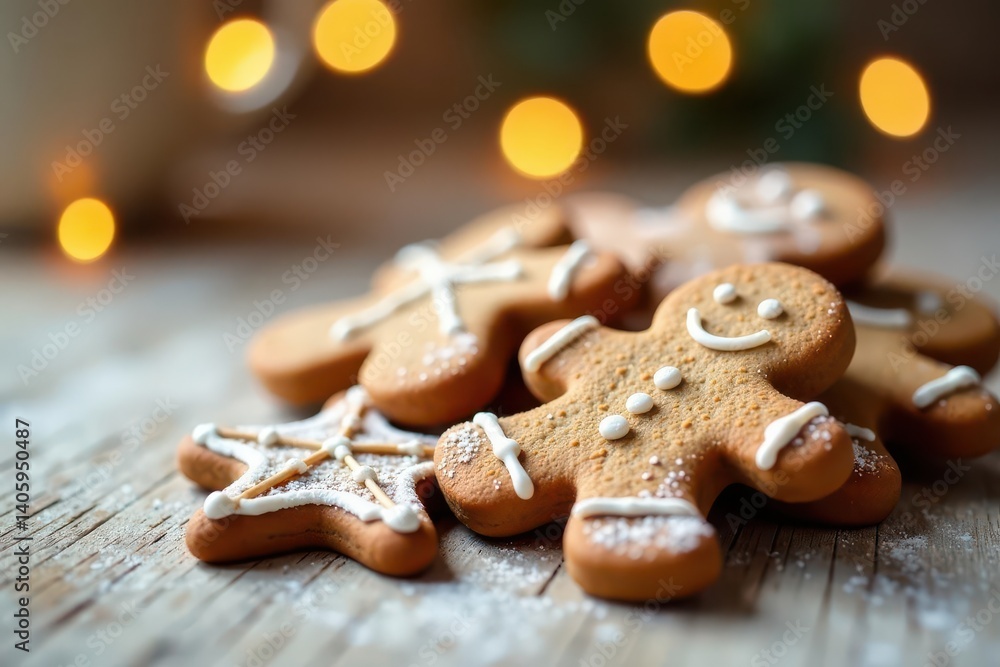 Softly glowing gingerbread cookies on a light wooden table, kitchen decor, sweet treats Softly glowing gingerbread cookies on a light wooden table, kitchen decor, sweet treats