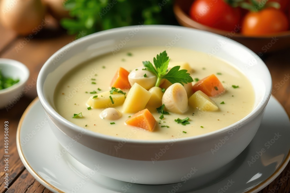 Warm creamy clam chowder in a large white bowl, hot, comforting, delicious Warm creamy clam chowder in a large white bowl, hot, comforting, delicious