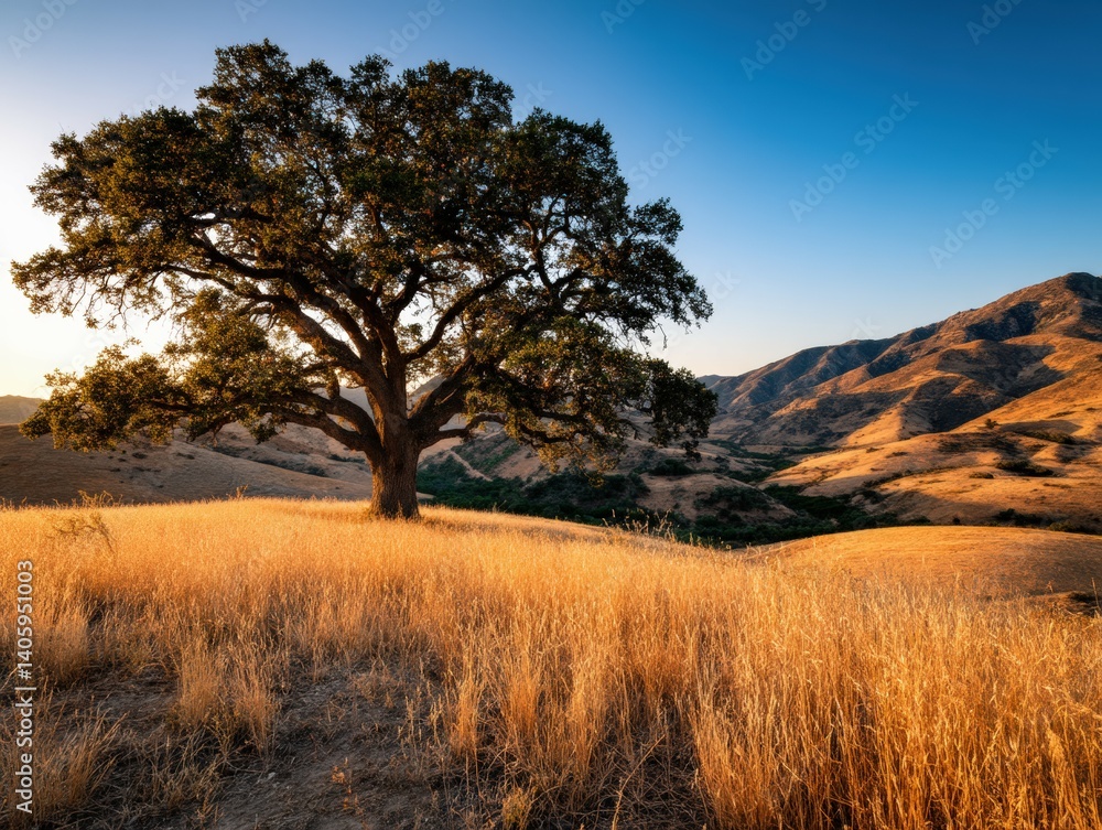 Majestic oak tree under golden sunset in hills Majestic oak tree under golden sunset in hills
