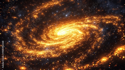 Fototapeta Naklejka Na Ścianę i Meble -  A glowing golden galaxy with swirling arms and bright center in a dark starry space background view