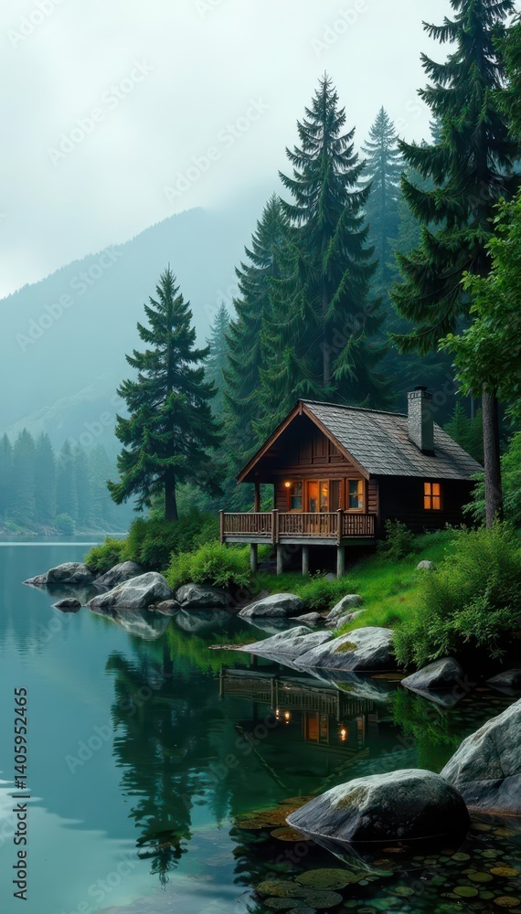 Fototapeta premium Secluded cabin amidst lush greenery at lakefront, forest, cabin