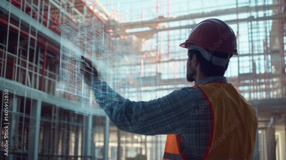 Engineer interacting with a holographic construction building design, real-time visualization on a digital interface Engineer interacting with a holographic construction building design, real-time visualization on a digital interface