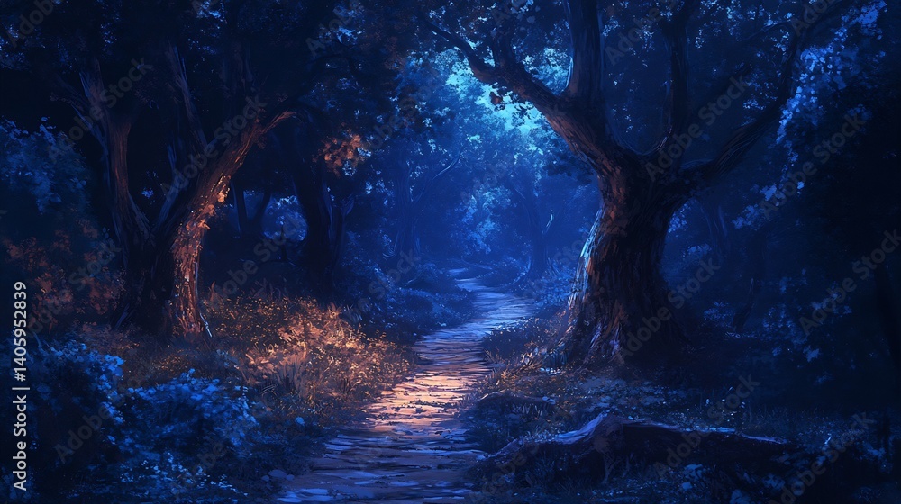 Fototapeta premium Mysterious twilight forest deep shadows and luminous edges along narrow paths winding through ancient trees a scene of reflective solitude