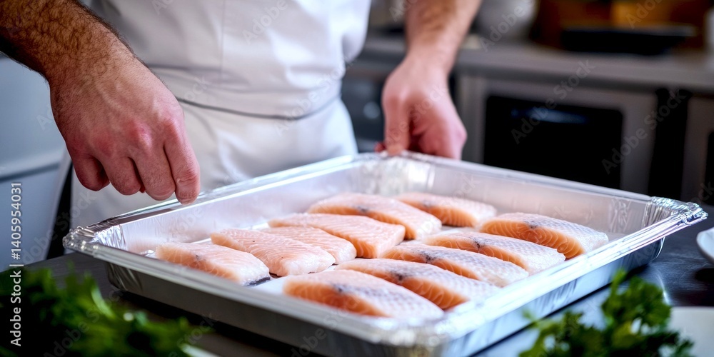 Freshly prepared fish fillets ready for cooking. A chef dressed in white carefully handles the delicious seafood in a modern kitchen. Food presentation is key in culinary arts. AI