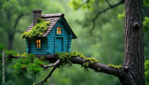 Wallpaper Mural Green and blue wooden cottage on a pine tree branch, soothing tones, natural colors, greenery Torontodigital.ca