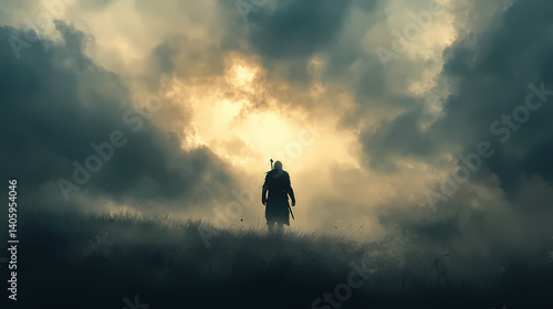 A lone warrior stands in a misty field, silhouetted against dramatic clouds. the mood evokes a sense of adventure and intrigue in an epic landscape. Timeless Epic. Illustration