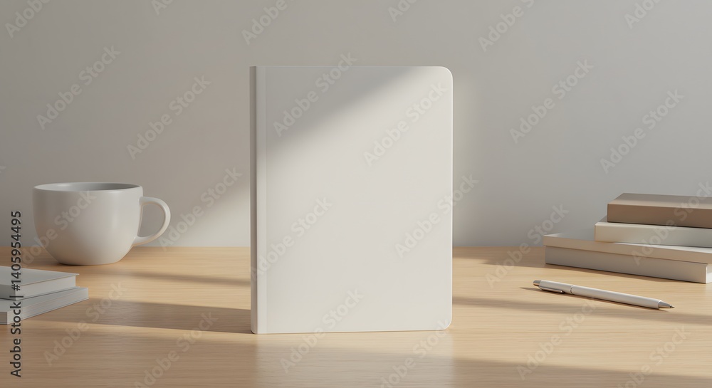 Fototapeta premium Minimalist Workspace with Blank Notebook, Coffee Cup, and Pens
