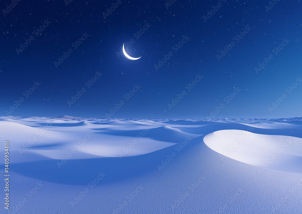 Naklejka premium A nighttime desert scene with a blue sky and the moon in view.