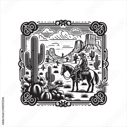 Title: Western Valley Landscape with Horse Rider and Cactus