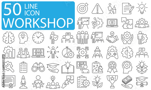 A set of web icons for master classes in a linear style. Icons for business workshops for websites and mobile applications. Isolated on a white background, the logo