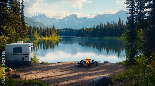 Obraz na płótnie Idyllic weekend vacation outdoor camping campground by secluded majestic mountain lake with camper rv picnic table and fire circle mountain landscape nature woodland forest background w salonie