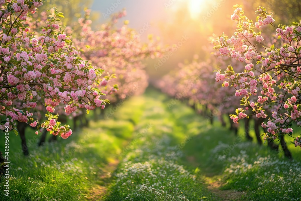 Obraz premium Beautiful cherry blossom trees in spring sunlight
