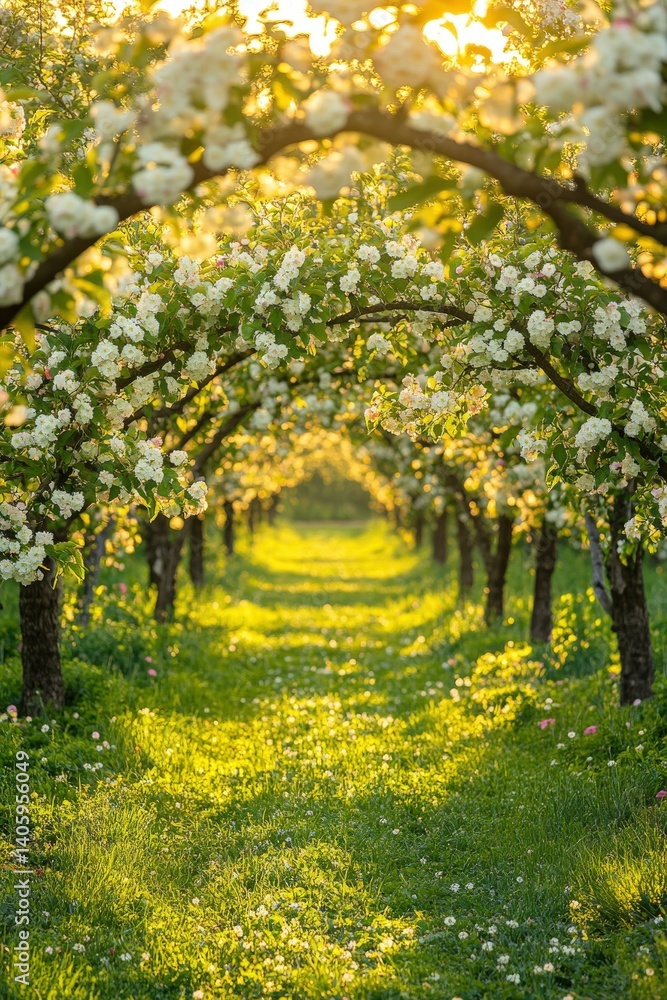 Naklejka premium Blossoming orchard pathway bathed in golden sunlight
