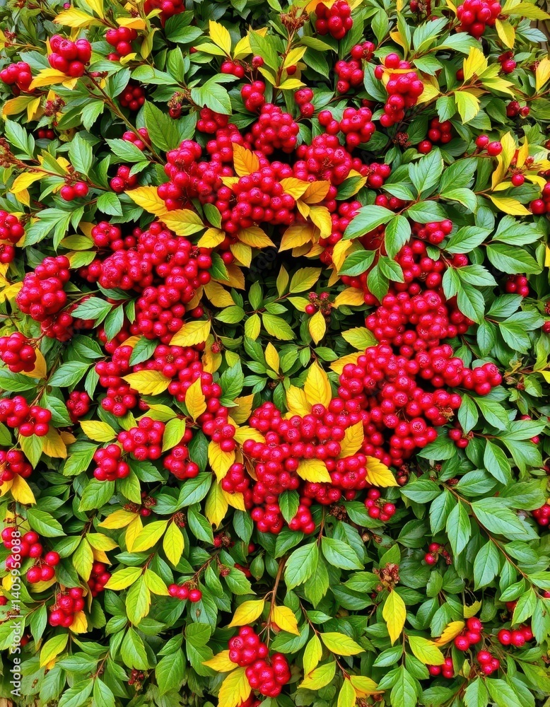A vibrant autumnal wreath overflowing with crimson berries and lush green foliage, berry wreath, floral design