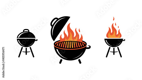 Grill with Fire: A collection of photorealistic grills, each depicting different stages of cooking process, with the fiery flames dancing.