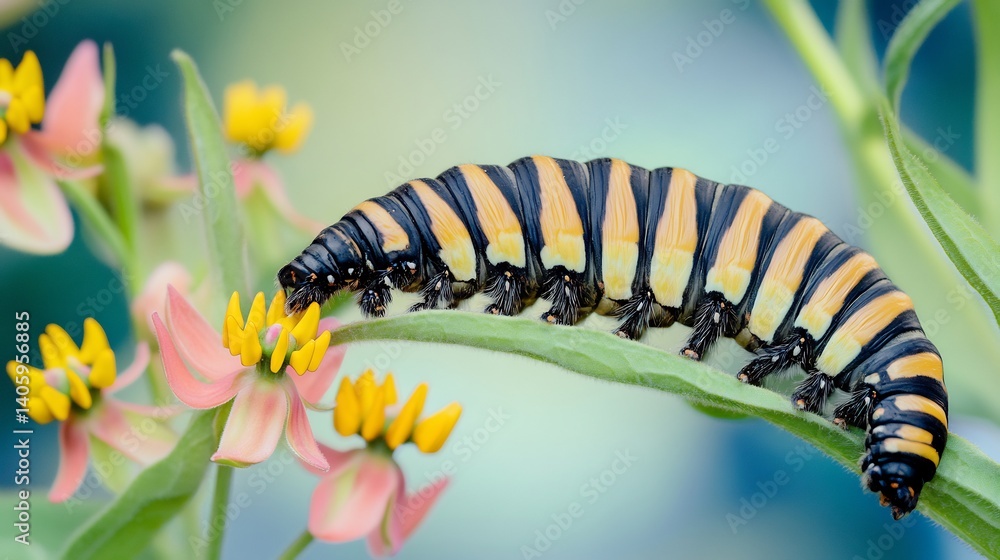 Naklejka premium Monarch caterpillars feeding near bright milkweed blooms preparing metamorphosis colored background