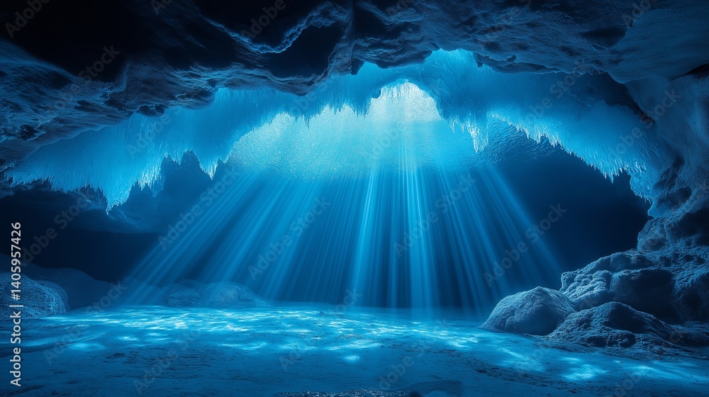 Fototapeta premium A blue cave interior with light rays shining through the opening onto the water and rock formations