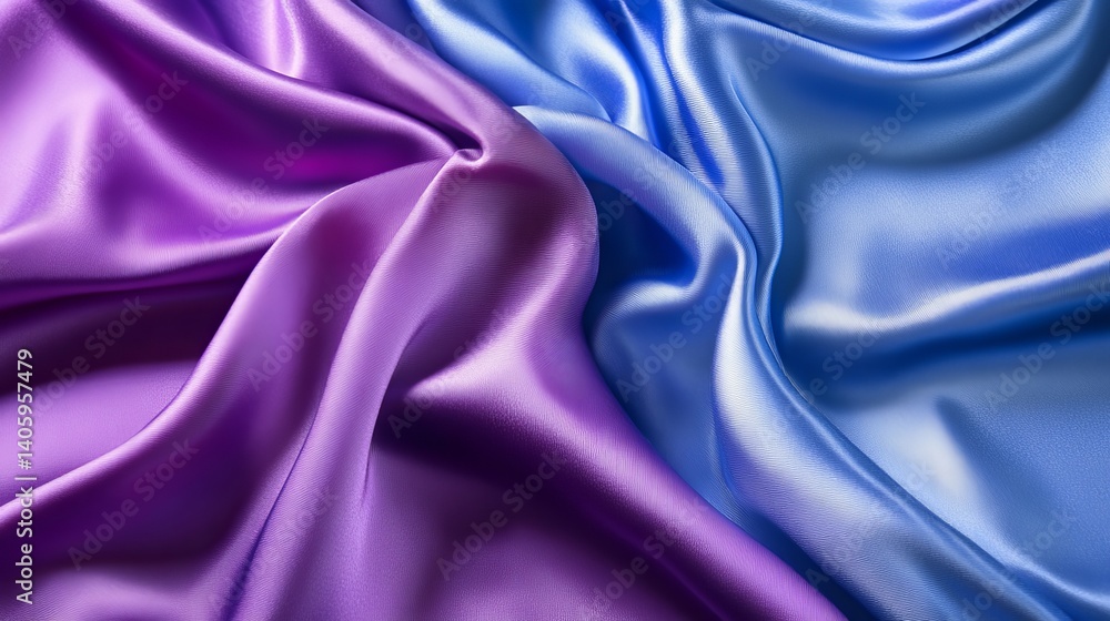 Fototapeta premium Purple and blue silk fabric draped with soft folds creates a luxurious and elegant visual texture