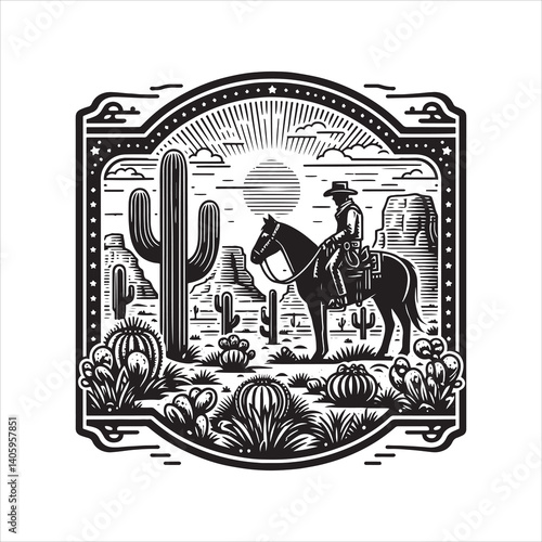 Wild West Scene with Cowboy and Saloon at Dusk