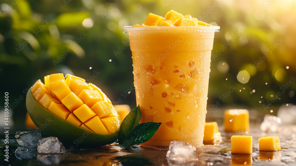 Refreshing mango smoothie served in a clear cup accompanied by fresh mango pieces on a sunny afternoon