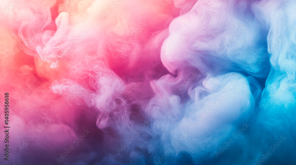 Colorful smoke swirls create a vibrant abstract background in shades of pink and blue