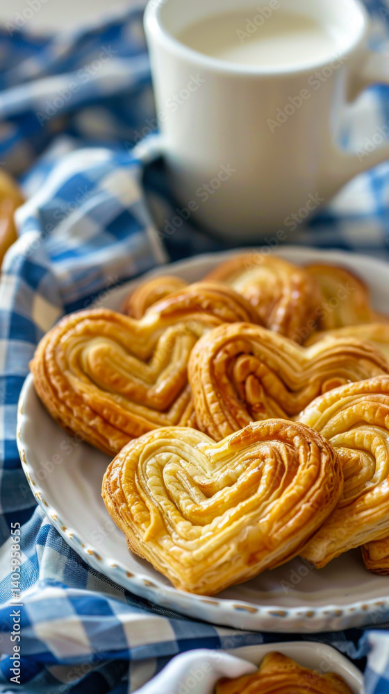 Heart-shaped pastries served on a plate with a cup of milk in a cozy kitchen setting