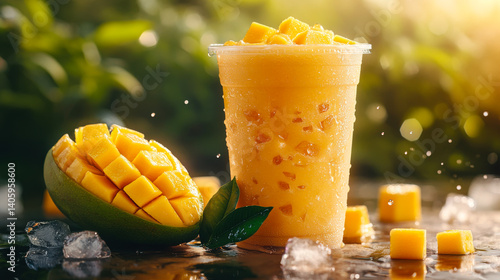 Obraz na płótnie Refreshing mango smoothie served in a clear cup accompanied by fresh mango pieces on a sunny afternoon w salonie