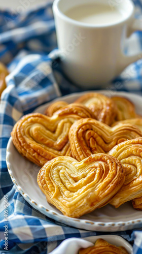 Obraz na płótnie Heart-shaped pastries served on a plate with a cup of milk in a cozy kitchen setting w salonie