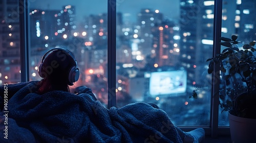 City Lights, Urban Escape: A solitary figure, lost in the tranquility of their own thoughts, gazes out from a cozy.