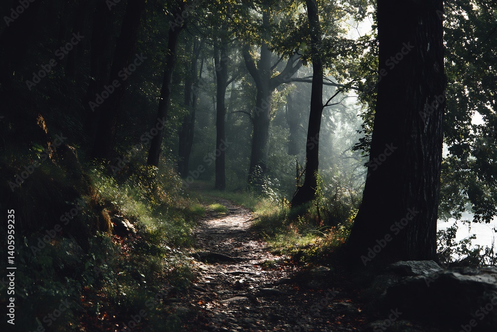 Naklejka premium Moody shadowy forest path winding between towering deciduous trees soft light filtering through heavy branches create a mysterious ambiance