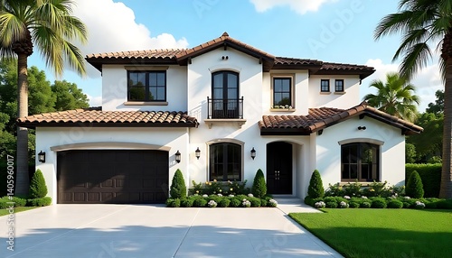 stunning white and black Spanish-style home with dark brown accents, situated amidst lush greenery created with generative ai.