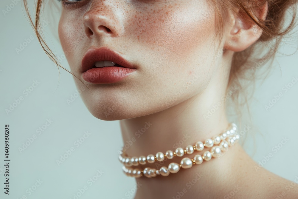 A close-up of a beautiful woman showcasing elegance. She has a delicate choker of pearls around her neck. The soft makeup enhances her features and natural beauty.