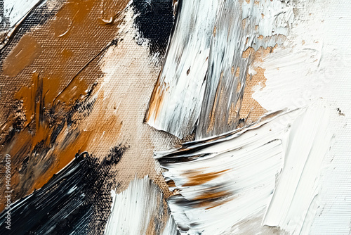 Abstract art painting texture strokes of white brown and black paint expressive and dynamic artwork
