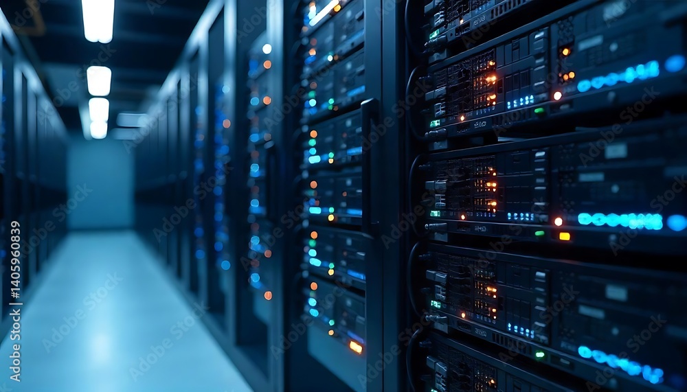 Contemporary Internet content hosting platform with rack housing for server data storage hardware created with generative ai.	
