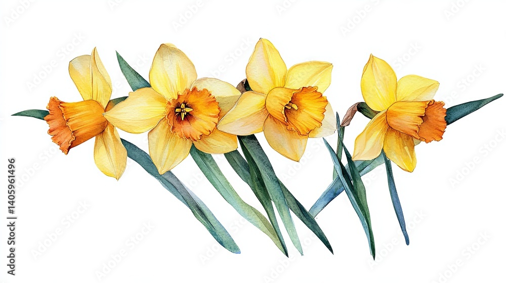 Obraz premium Vibrant Yellow Daffodils on White Background Watercolor Painting