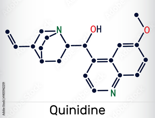 Quinidine molecule. An antiarrhythmic drug, cyp2d6 inhibitor. Structural chemical formula. Vector illustration