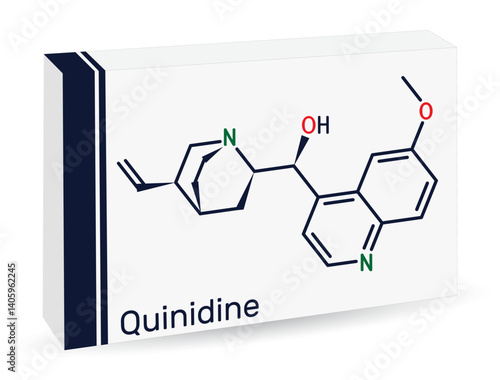 Quinidine molecule. An antiarrhythmic drug, cyp2d6 inhibitor. Skeletal chemical formula. Paper packaging for drugs