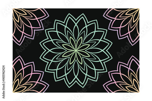 Abstract Pastel Mandala Pattern On Black Background With Floral Elements For Meditation And Relaxation Design