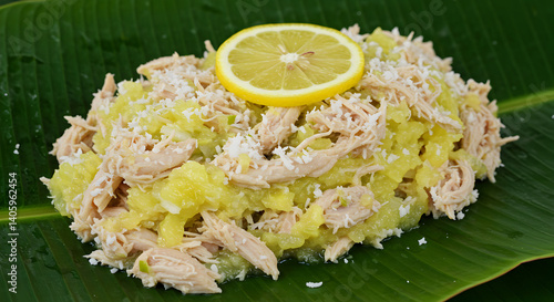 Exotic Micronesian Chicken Kelaguen Served on Fresh Palm Leaf