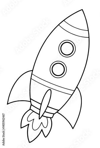 子供向け宇宙ロケットぬりえ — 白黒線画スタイルで描かれたシンプルで楽しいデザイン、未来、探検、想像力、宇宙の冒険を象徴する教育的なイラスト

