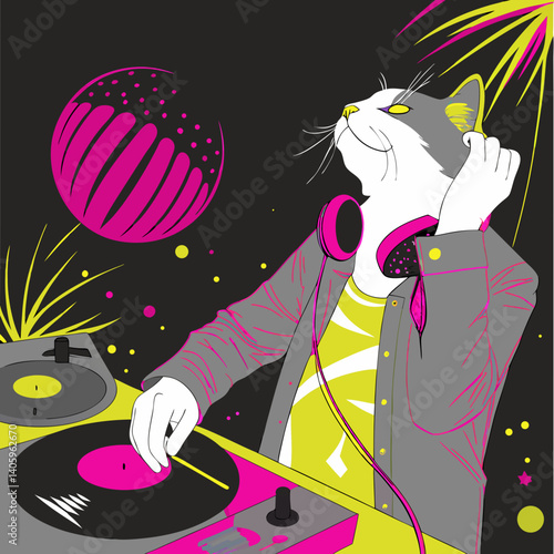 DJ cat enjoying music against a vibrant party background  
