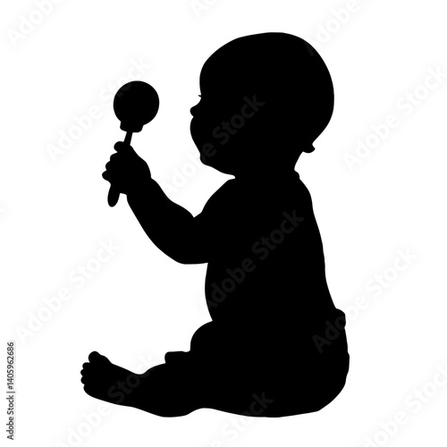 Silhouette of sitting baby holding and shaking a rattle, symbolizing infant development, early childhood growth, sensory stimulation, baby toys, and toddler playtime