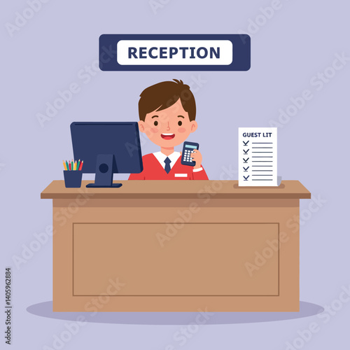 Friendly receptionist in a red uniform at a modern front desk area with a computer and guest list, minimal and cheerful vector illustration