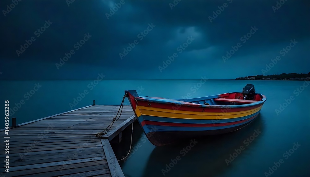 Naklejka premium colorful boat is sitting on a dock in the water. The boat is painted with bright colors, stripes created with generative ai.